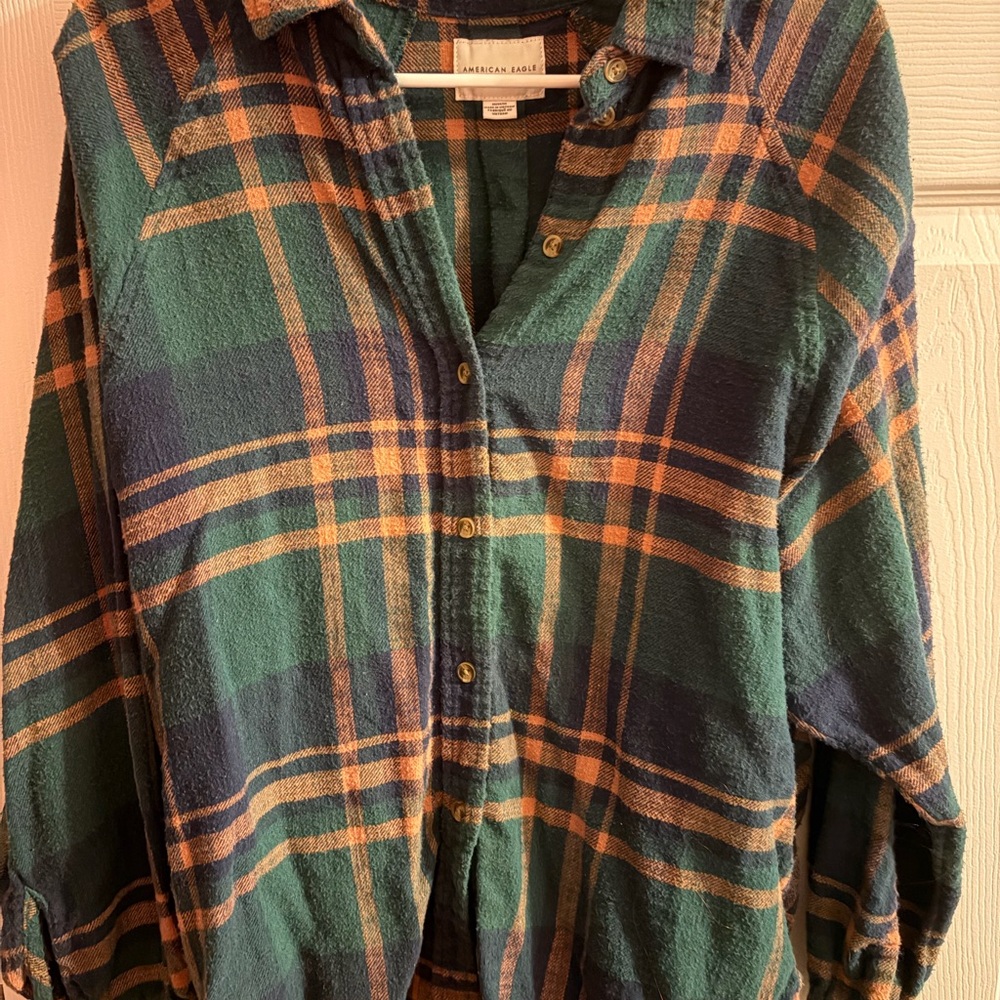American Eagle Outfitters Orange and Green Plaid Flannel Shirt